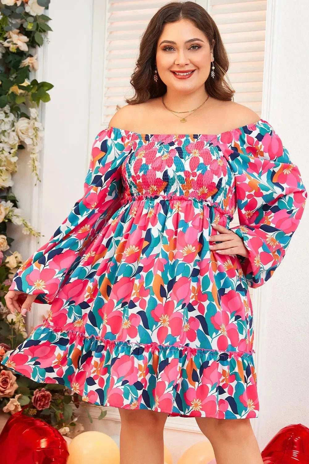Plus Size Smocked Floral Square Neck Balloon Sleeve Dress - Trendsi - Flyclothing LLC