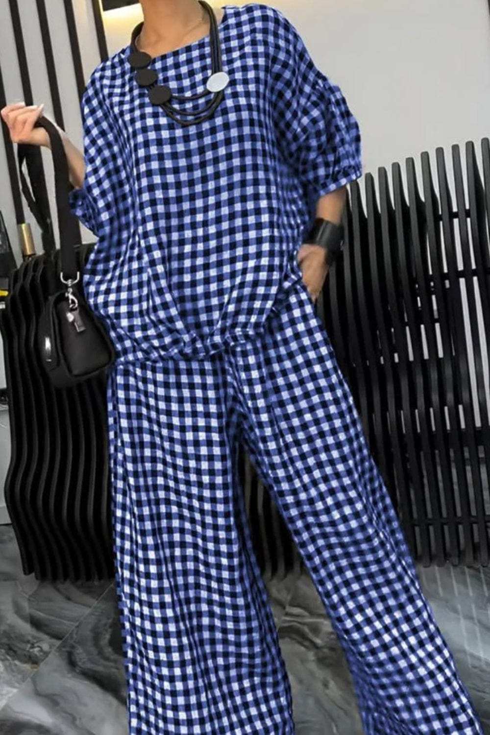 Full Size Plaid Round Neck Half Sleeve Top and Pants Set - Trendsi - Flyclothing LLC