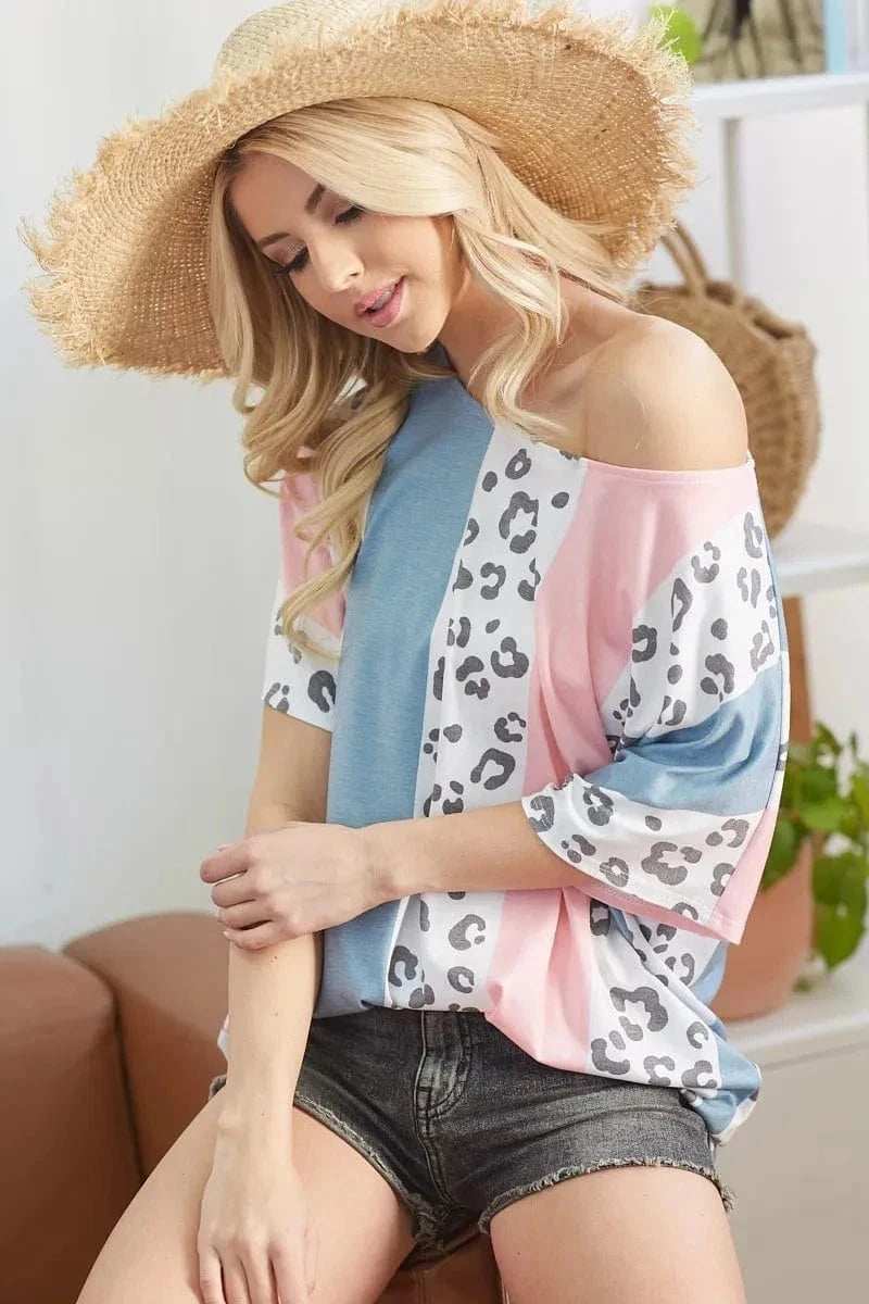 BiBi Leopard Stripe Printed French Terry Oversized Top - Trendsi - Flyclothing LLC