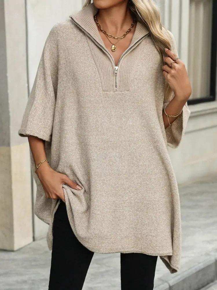 Slit Quarter Zip Half Sleeve Sweater - Trendsi - Flyclothing LLC