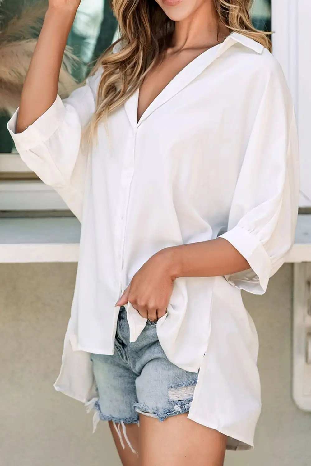 Collared Neck Three-Quarter Sleeve Shirt - Trendsi - Flyclothing LLC