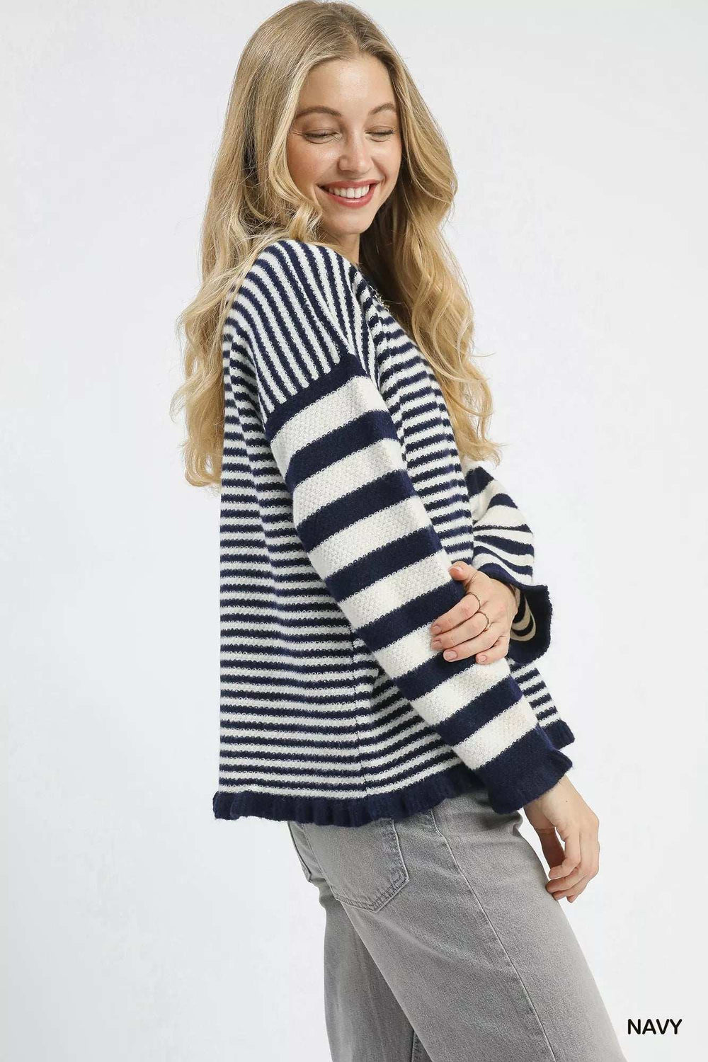 Umgee Ruffle Neck Stripe Sweater - Trendsi - Flyclothing LLC