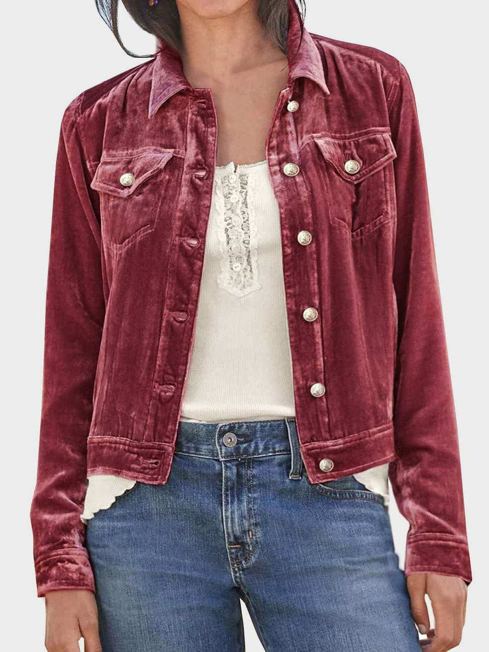 Button Up Long Sleeve Jacket with Chest Pockets - Trendsi - Flyclothing LLC