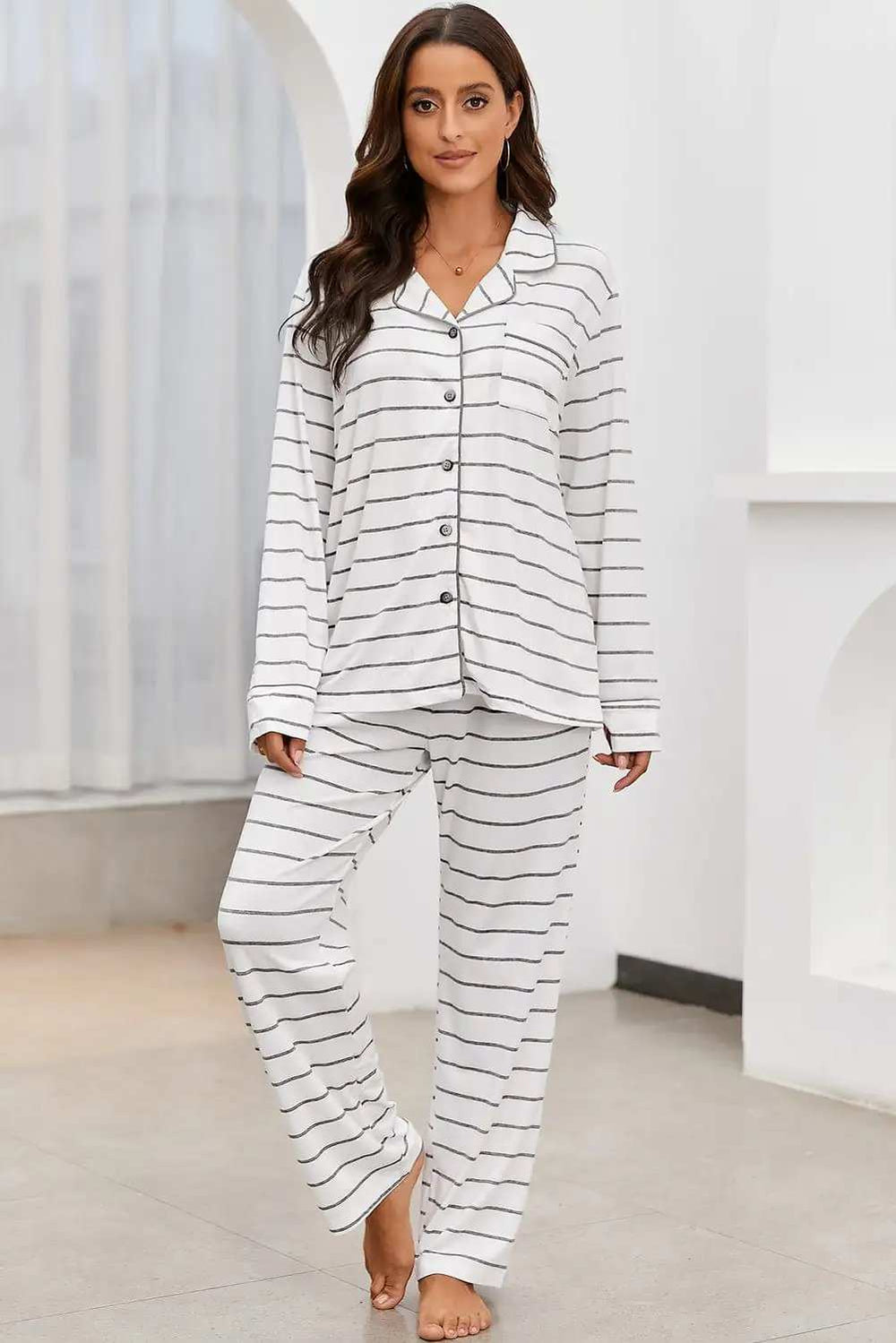 Striped V-Neck Long Sleeve Top and Pants Lounge Set - Trendsi - Flyclothing LLC