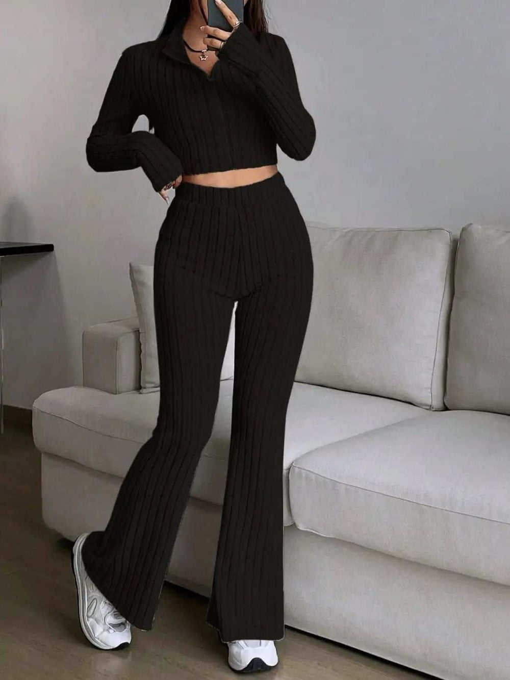 Zip Up Long Sleeve Top and Pants Set - Trendsi - Flyclothing LLC