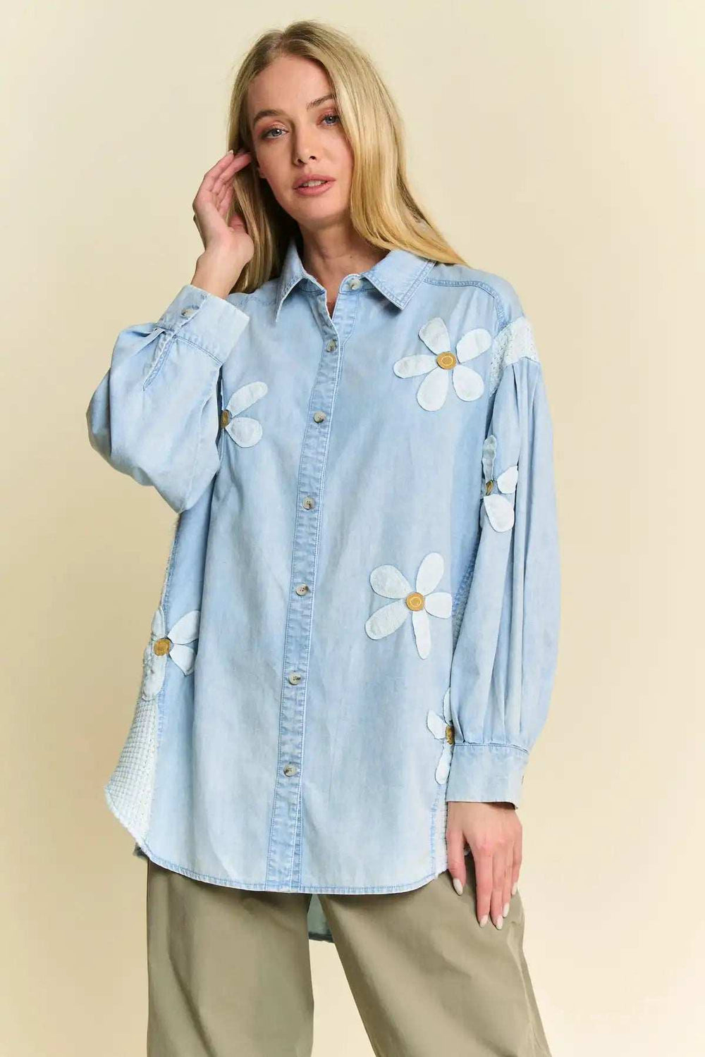 Davi & Dani Lightweight Washed Daisy Patch Waffle Knit Shirt - Trendsi - Flyclothing LLC