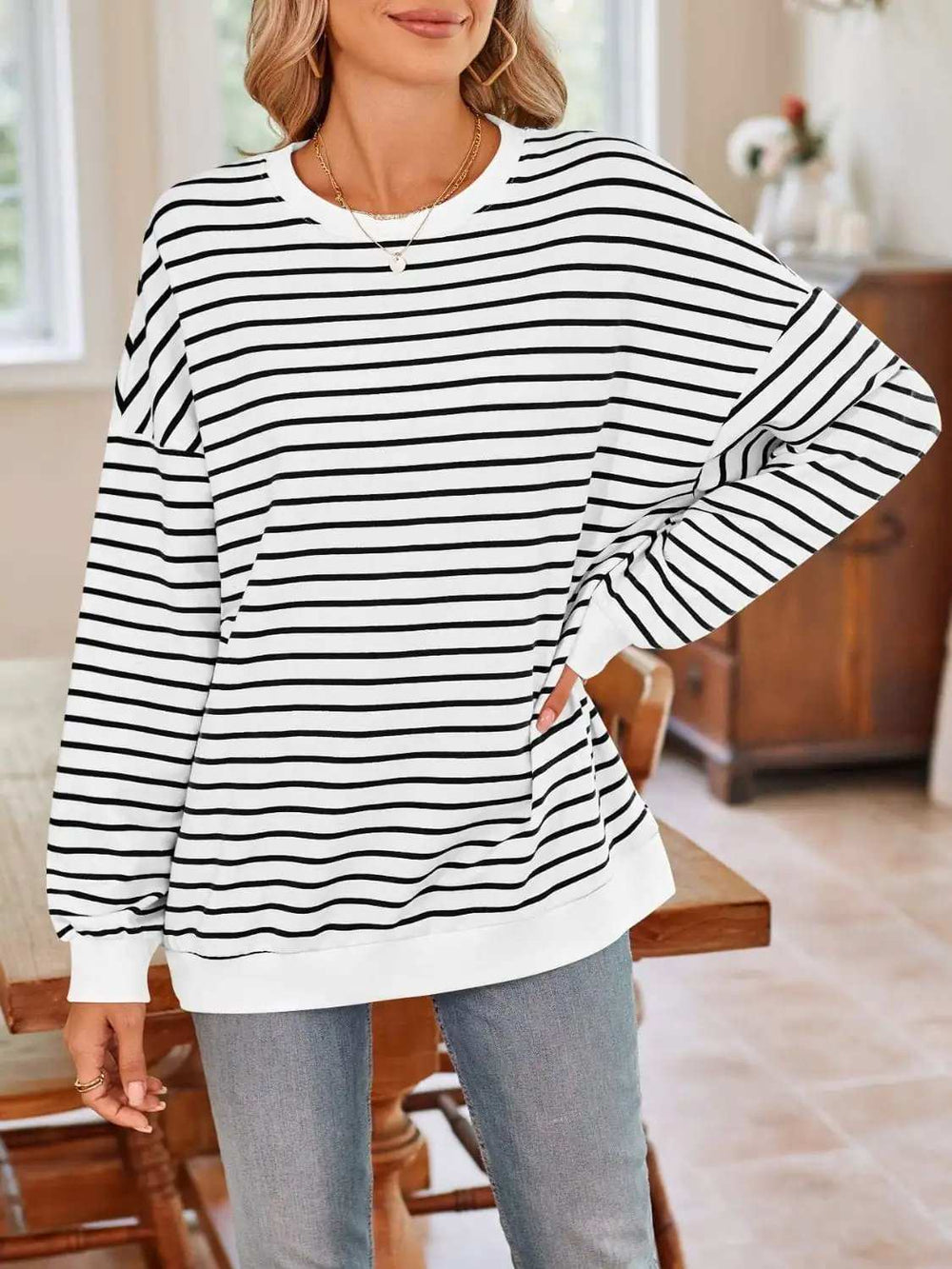Striped Round Neck Long Sleeve Sweatshirt - Trendsi - Flyclothing LLC