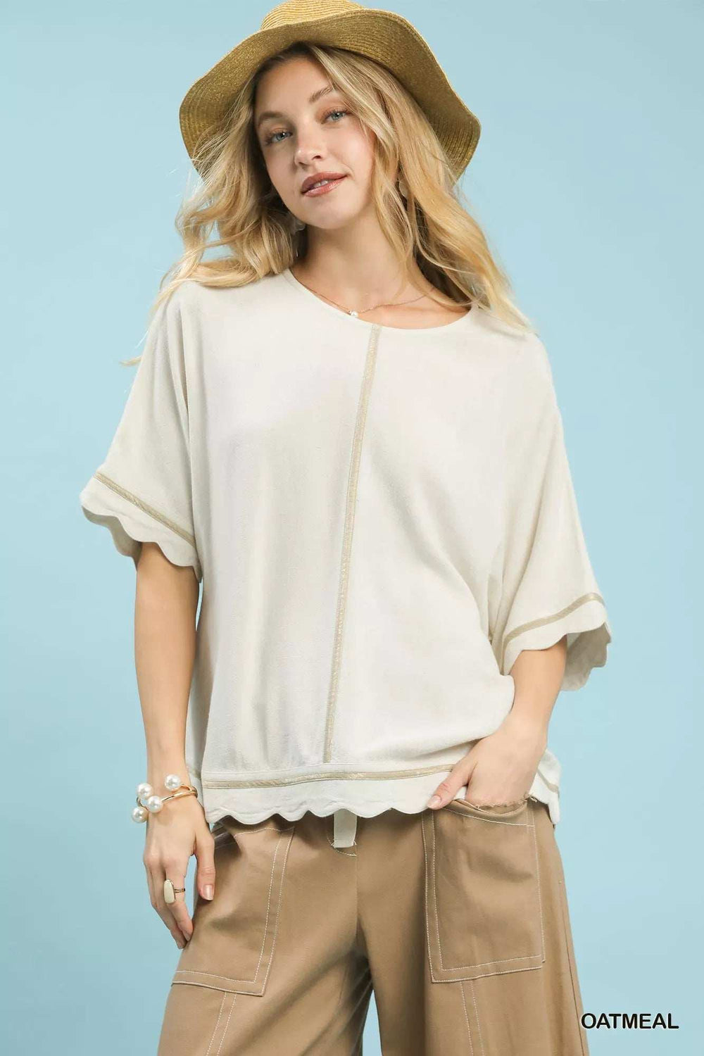 Umgee Linen Blend Scallop Trim Top - Trendsi - Flyclothing LLC