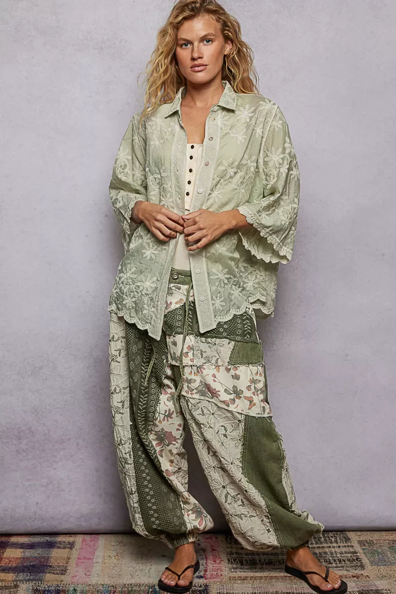 POL Embroidered Floral Collared Neck Shirt with Scalloped Edges - Trendsi - Flyclothing LLC