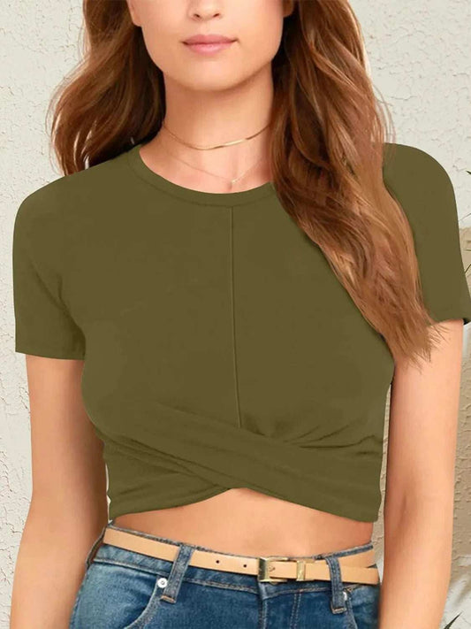 Round Neck Short Sleeve Crop T-Shirt - Trendsi - Flyclothing LLC