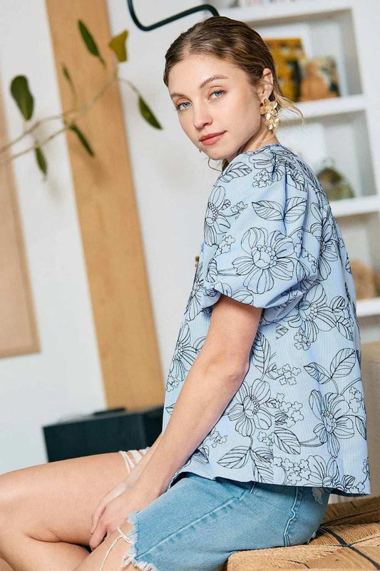 Umgee Floral Print Puff Sleeve Casual Blouse - Trendsi - Flyclothing LLC