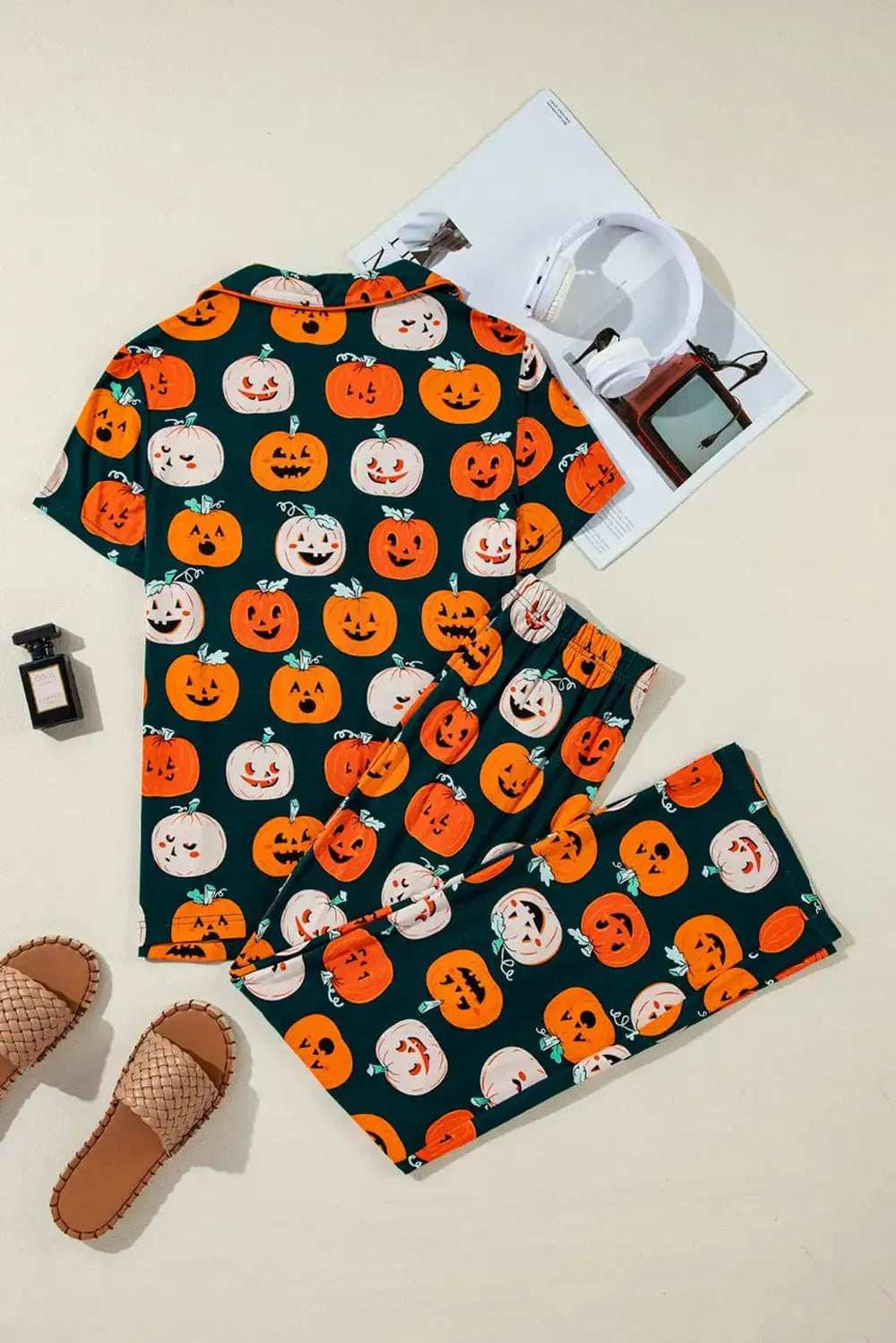 Pumpkin Printed Short Sleeve Top and Pants Lounge Set - Trendsi - Flyclothing LLC