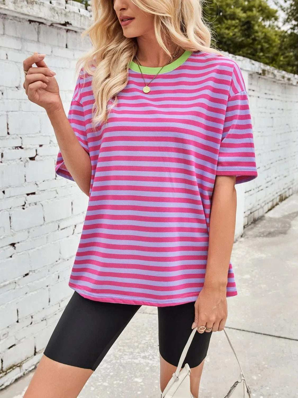 Contrast Striped Round Neck T-Shirt - Trendsi - Flyclothing LLC