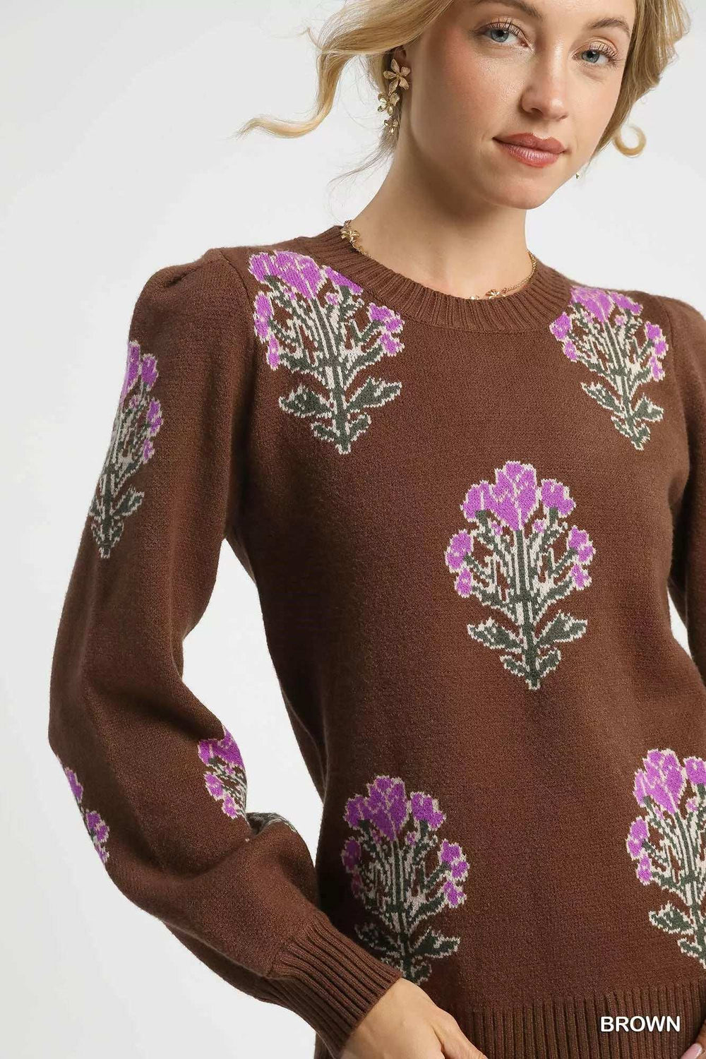 Umgee Single Flower Stem Jacquard Sweater - Trendsi - Flyclothing LLC