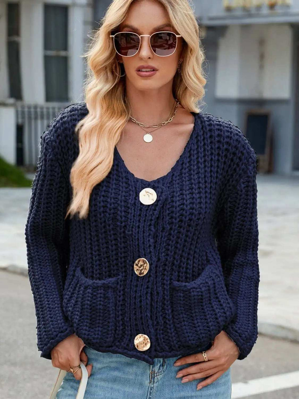 Round Neck Button Up Cardigan with Pockets - Trendsi - Flyclothing LLC