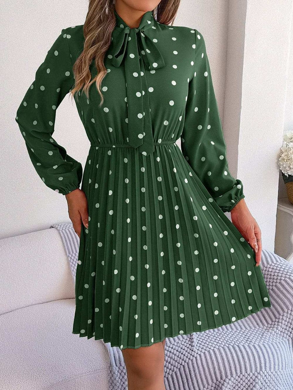 Polka Dot Tie Neck Pleated Dress - Trendsi - Flyclothing LLC