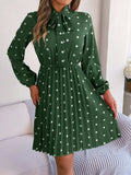 Polka Dot Tie Neck Pleated Dress - Trendsi - Flyclothing LLC