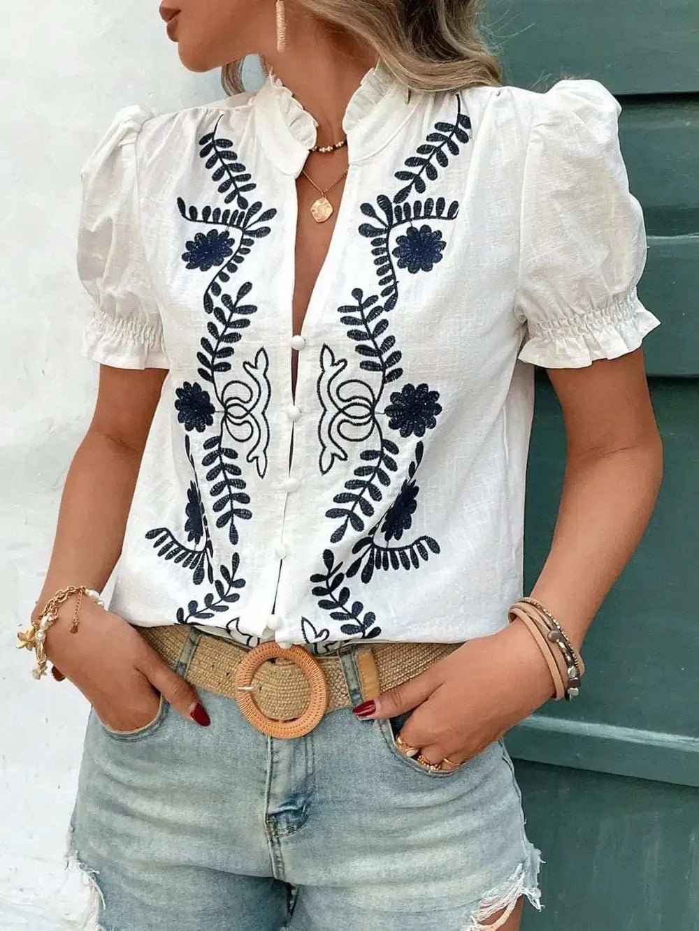 Embroidered Frill Notched Short Sleeve Blouse - Trendsi - Flyclothing LLC