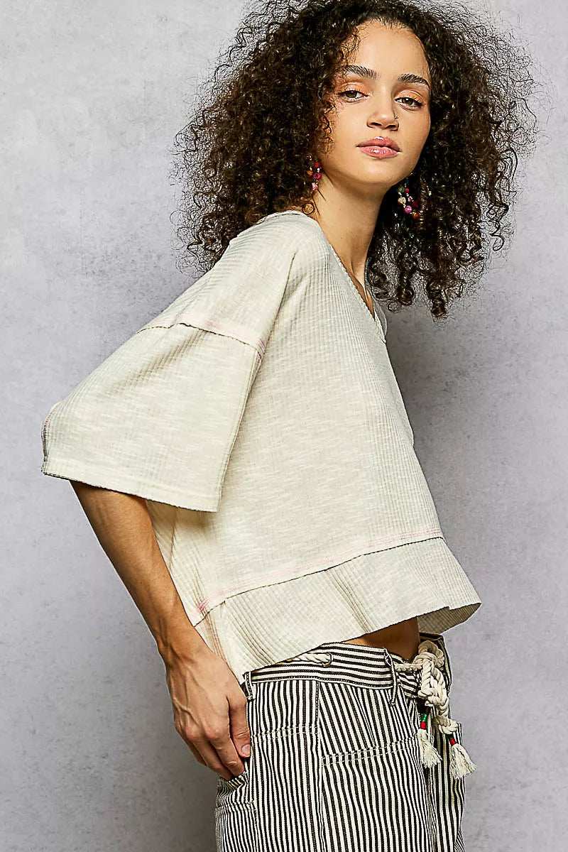 POL Short Sleeve Ccopped Rib T-Shirt with Contrast Stitch Detail - Trendsi - Flyclothing LLC