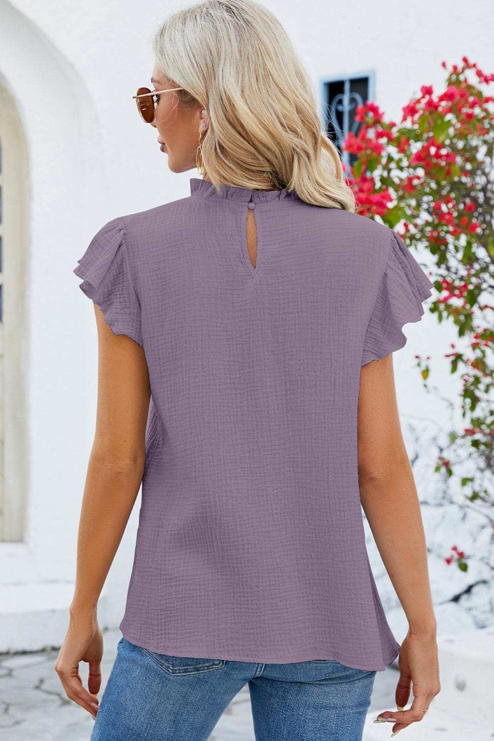 Ruffled Round Neck Cap Sleeve Blouse - Trendsi - Flyclothing LLC