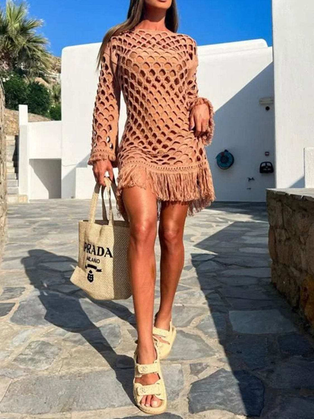 Fringe Cutout Long Sleeve Cover Up - Trendsi - Flyclothing LLC