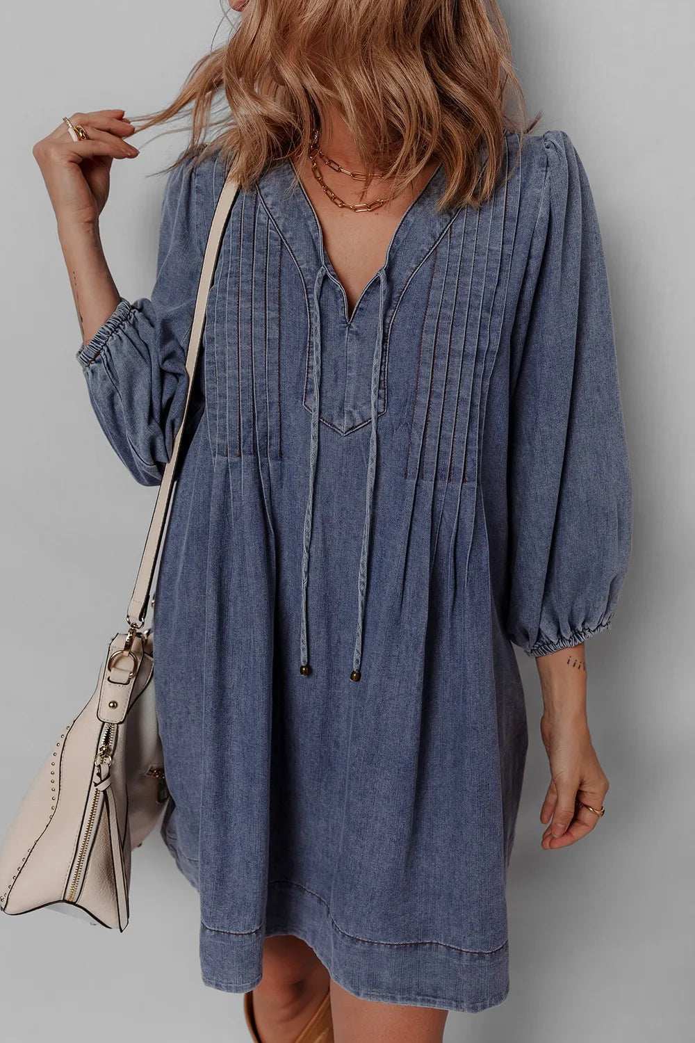 Tie Neck Long Sleeve Mini Denim Dress - Trendsi - Flyclothing LLC