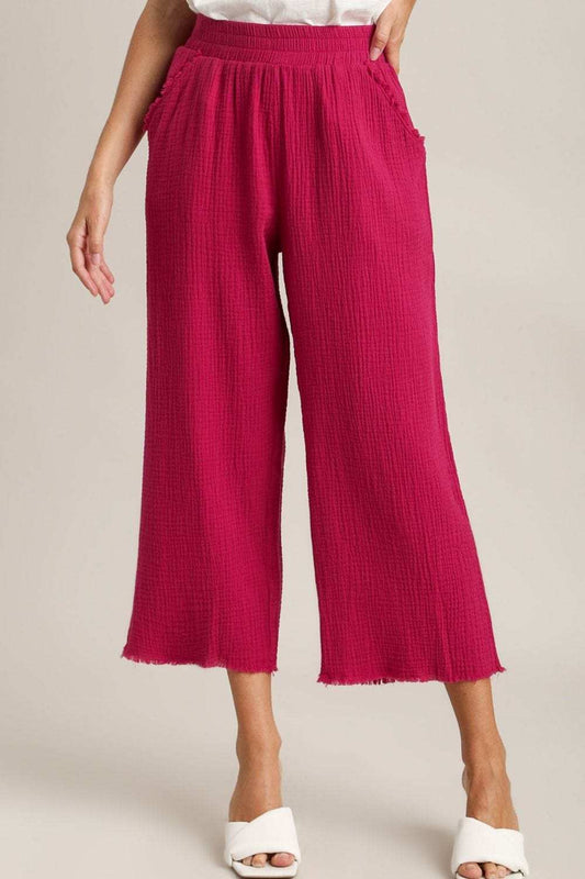 Umgee Full Size Raw Hem Elastic Waist Wide Leg Pants Plus Size - Trendsi - Flyclothing LLC