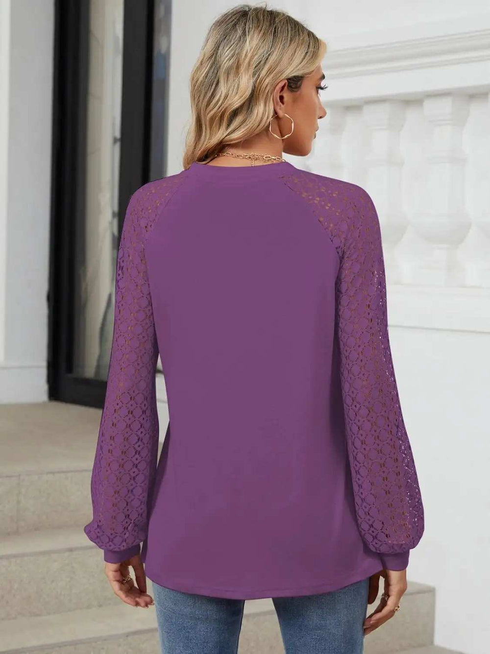 Round Neck Lace Long Sleeve Top - Trendsi - Flyclothing LLC