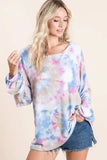 BiBi Tie Dye Print Terry Top With Puff Sleeves - Trendsi - Flyclothing LLC