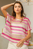 BiBi Striped Openwork Short Sleeve Knit Cover Up - Trendsi - Flyclothing LLC