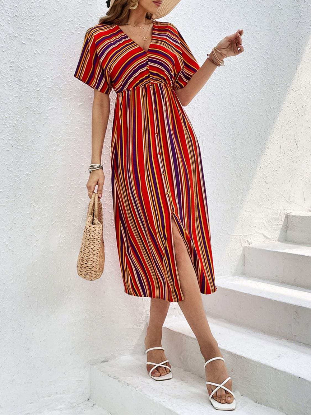 Slit Striped V-Neck Short Sleeve Midi Dress - Trendsi - Flyclothing LLC
