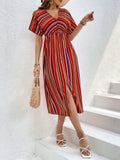 Slit Striped V-Neck Short Sleeve Midi Dress - Trendsi - Flyclothing LLC
