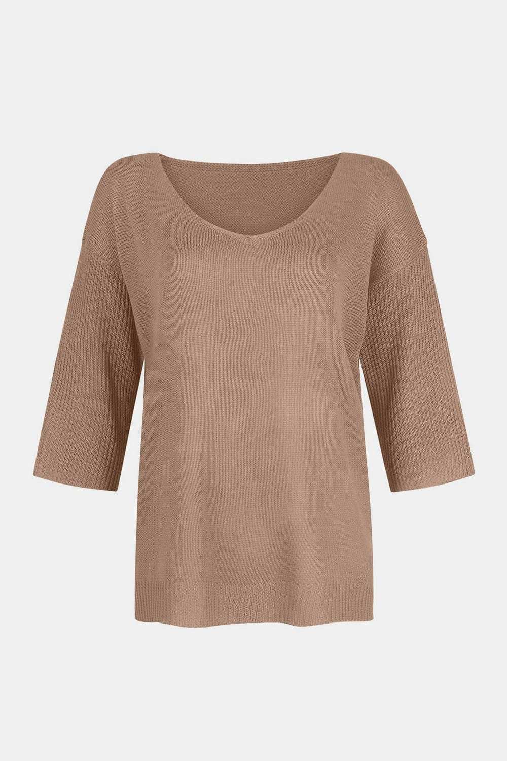 V-Neck Three-Quarter Sleeve Knit Top - Trendsi - Flyclothing LLC