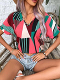 Printed V-Neck Short Sleeve Blouse - Trendsi - Flyclothing LLC