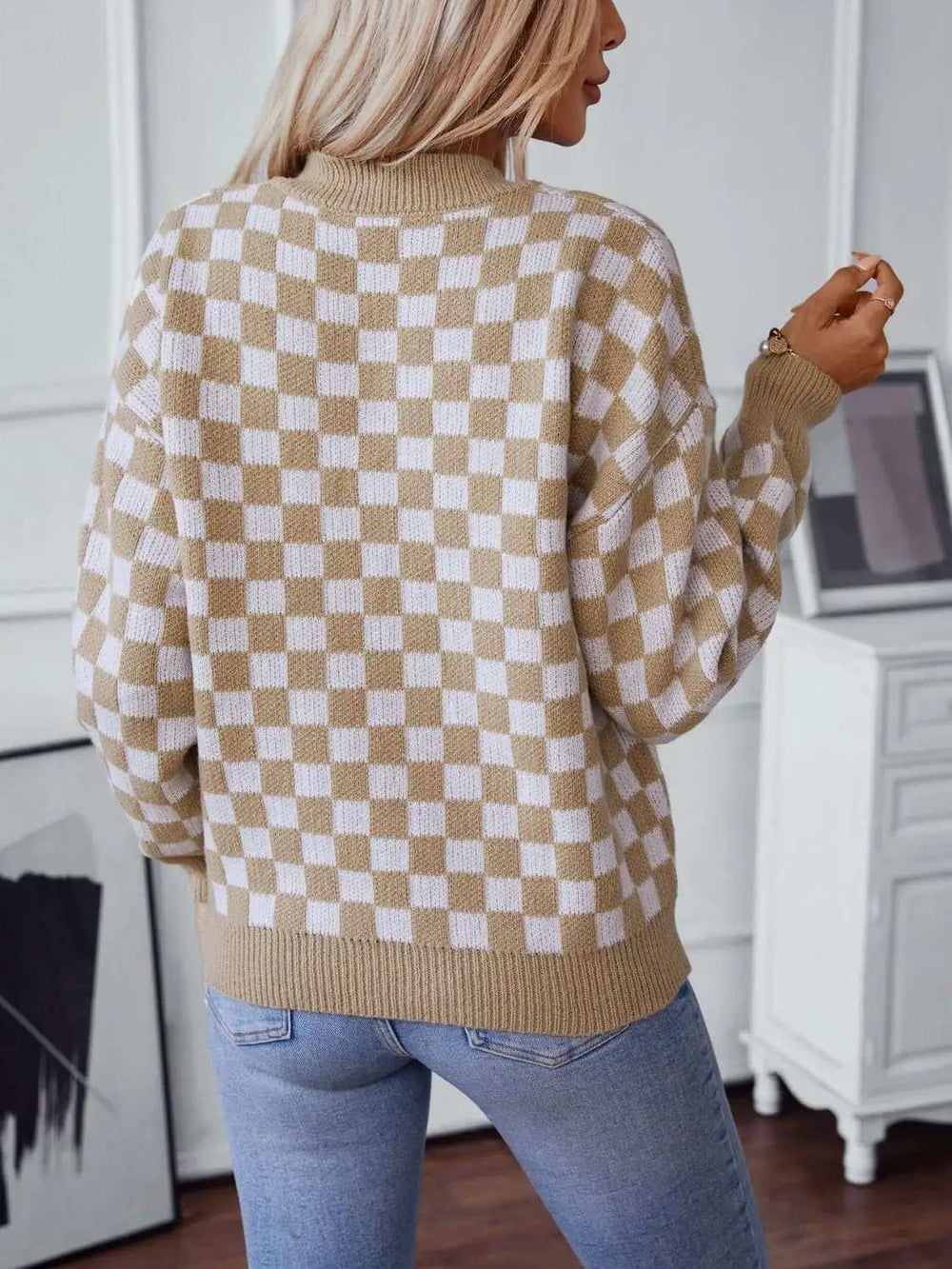 Checkered V-Neck Dropped Shoulder Sweater - Trendsi - Flyclothing LLC