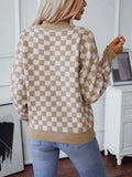 Checkered V-Neck Dropped Shoulder Sweater - Trendsi - Flyclothing LLC
