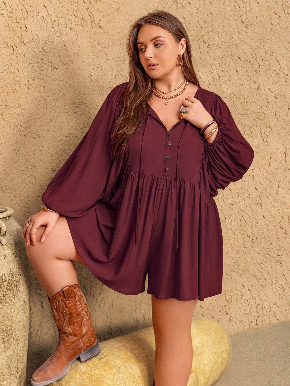 Plus Size Tie Neck Balloon Sleeve Romper - Trendsi - Flyclothing LLC