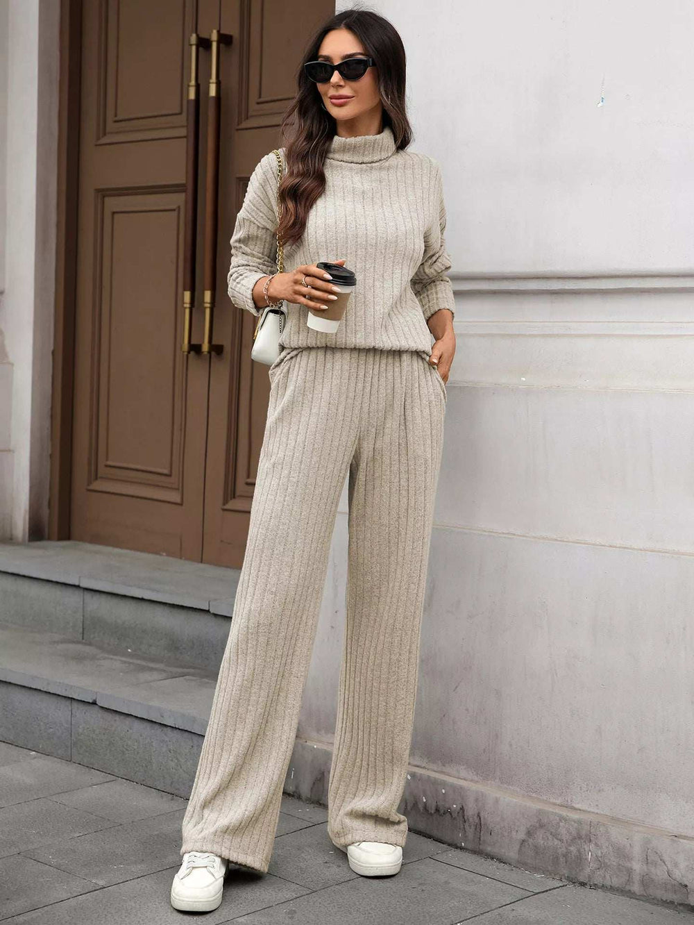 Ribbed Turtleneck Dropped Shoulder Top and Pants Sweater Set - Trendsi - Flyclothing LLC