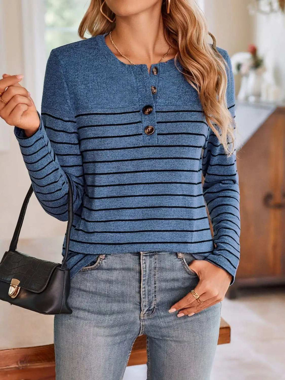 Lovelet Quarter Button Striped Round Neck Long Sleeve T-Shirt - Trendsi - Flyclothing LLC