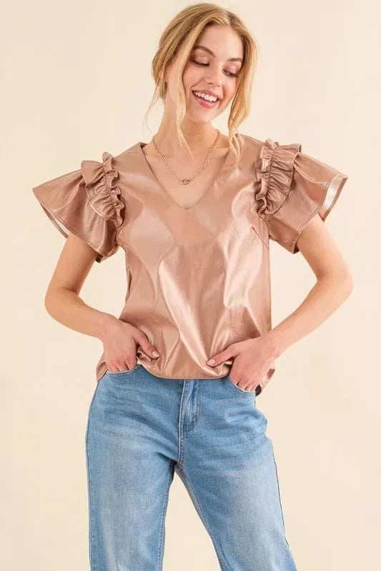 And The Why Faux Leather Ruffle Sleeves V Neck Top - Trendsi - Flyclothing LLC
