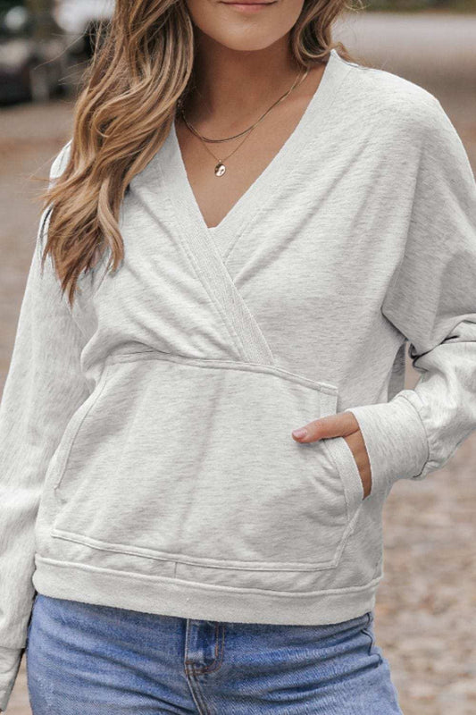 Surplice Long Sleeve Sweatshirt with Pocket - Trendsi - Flyclothing LLC