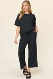 Double Take Full Size Texture Round Neck Short Sleeve T-Shirt and Wide Leg Pants - Trendsi - Flyclothing LLC
