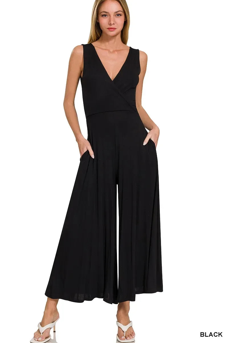 Zenana Surplice Neckline Sleeveless Jumpsuit - Trendsi - Flyclothing LLC