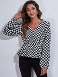 Ruched Printed V-Neck Long Sleeve Blouse - Trendsi - Flyclothing LLC
