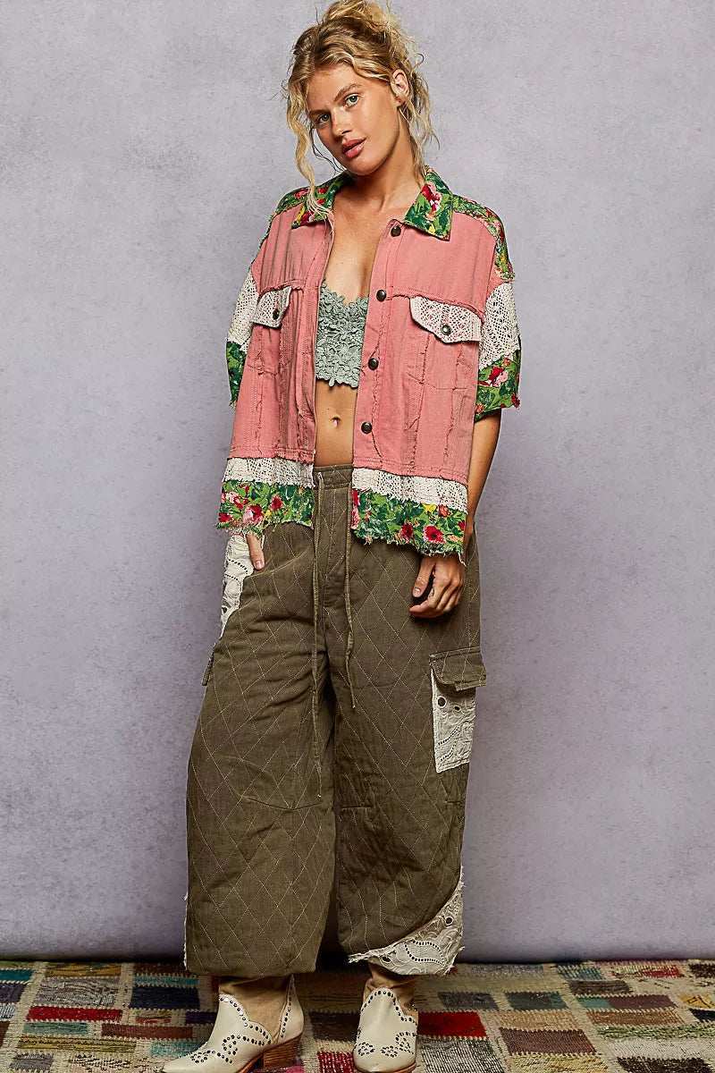 POL Lace Patch Floral Half Sleeve Shacket - Trendsi - Flyclothing LLC