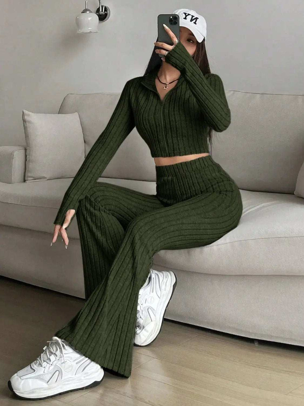 Zip Up Long Sleeve Top and Pants Set - Trendsi - Flyclothing LLC