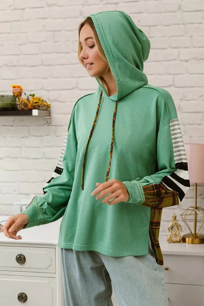BiBi Plaid With Stripes Mix Match French Terry Hoodie - Trendsi - Flyclothing LLC