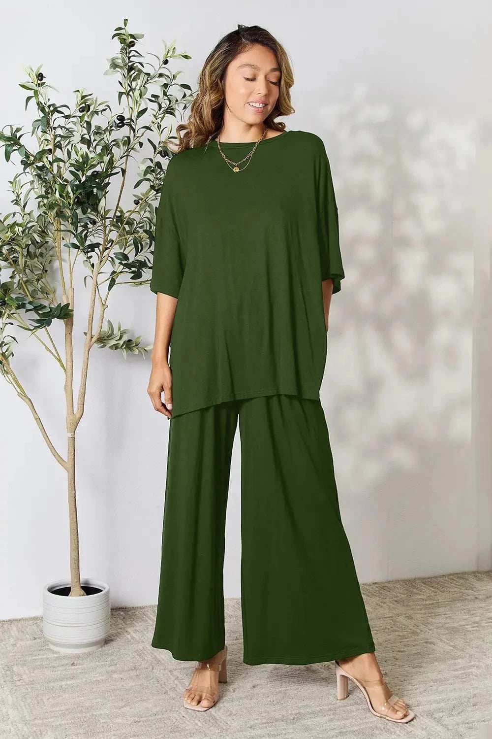 Double Take Full Size Round Neck Slit Top and Pants Set - Trendsi - Flyclothing LLC
