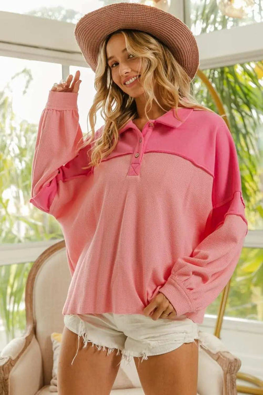 BiBi Long Sleeve Knit Mixed Thermal Sweatshirt - Trendsi - Flyclothing LLC