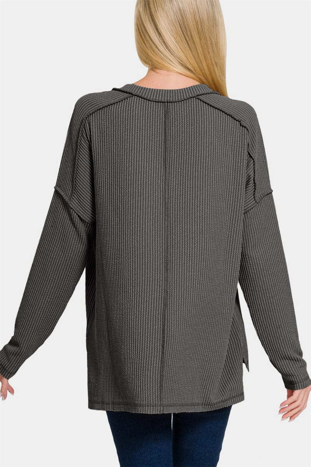 Zenana Texture Exposed Seam V-Neck Long Sleeve T-Shirt - Trendsi - Flyclothing LLC